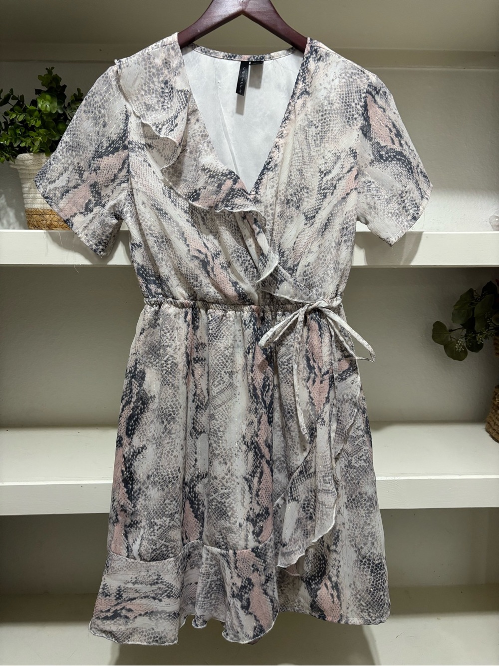 Women’s Wrap Dress with Ruffle Trim - Neutral Snake Print